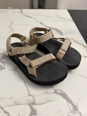 Teva Beige Strap Sandals with Black Footbed